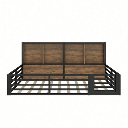 Zaunbett 140x200 cm – Modernes Metall-Daybett mit integriertem Staufach & Brüstung – Inkl. Lattenrost (ohne Matratze), schwarze Plattform für stilvolles Schlafzimmer