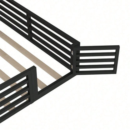 Zaunbett 140x200 cm – Modernes Metall-Daybett mit integriertem Staufach & Brüstung – Inkl. Lattenrost (ohne Matratze), schwarze Plattform für stilvolles Schlafzimmer