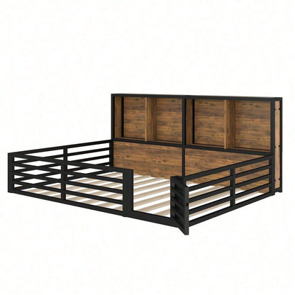 Zaunbett 140x200 cm – Modernes Metall-Daybett mit integriertem Staufach & Brüstung – Inkl. Lattenrost (ohne Matratze), schwarze Plattform für stilvolles Schlafzimmer