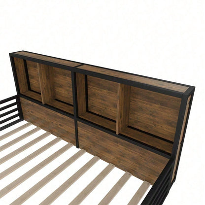 Zaunbett 140x200 cm – Modernes Metall-Daybett mit integriertem Staufach & Brüstung – Inkl. Lattenrost (ohne Matratze), schwarze Plattform für stilvolles Schlafzimmer