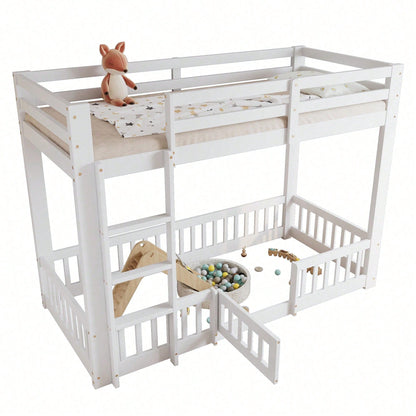 Etagenbett aus Kiefernholz & LVL 90x200 cm - Hochbett mit sicherer rechtwinkliger Treppe, Geländer und Tür - Weißes Kinderbett mit Absturzsicherung & nutzbarem Freiraum unter dem Bett