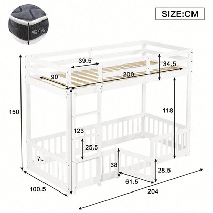 Etagenbett aus Kiefernholz & LVL 90x200 cm - Hochbett mit sicherer rechtwinkliger Treppe, Geländer und Tür - Weißes Kinderbett mit Absturzsicherung & nutzbarem Freiraum unter dem Bett
