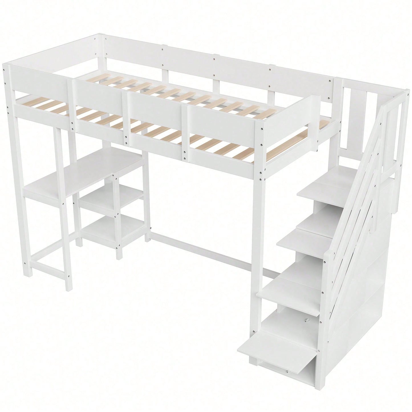 Etagenbett mit Stauraum 90x200 cm – Hochbett aus massivem Kiefernholz mit Lattenrost & Ablageflächen – Multifunktionales Kinder- und Jugendbett in Weiß (Stufenbett, Spielbett, Schlafmöbel)