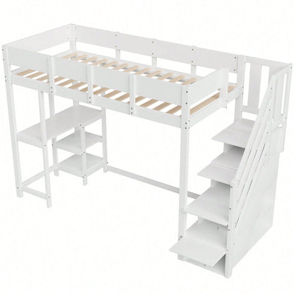Etagenbett mit Stauraum 90x200 cm – Hochbett aus massivem Kiefernholz mit Lattenrost & Ablageflächen – Multifunktionales Kinder- und Jugendbett in Weiß (Stufenbett, Spielbett, Schlafmöbel)
