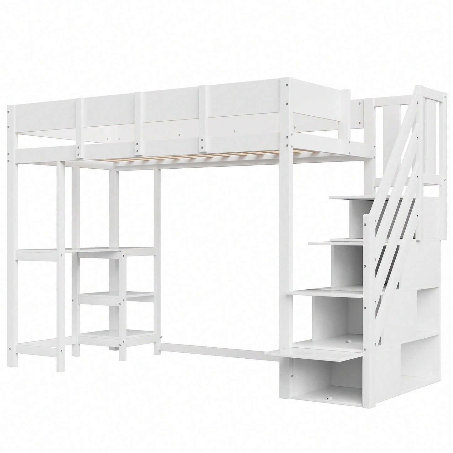Etagenbett mit Stauraum 90x200 cm – Hochbett aus massivem Kiefernholz mit Lattenrost & Ablageflächen – Multifunktionales Kinder- und Jugendbett in Weiß (Stufenbett, Spielbett, Schlafmöbel)