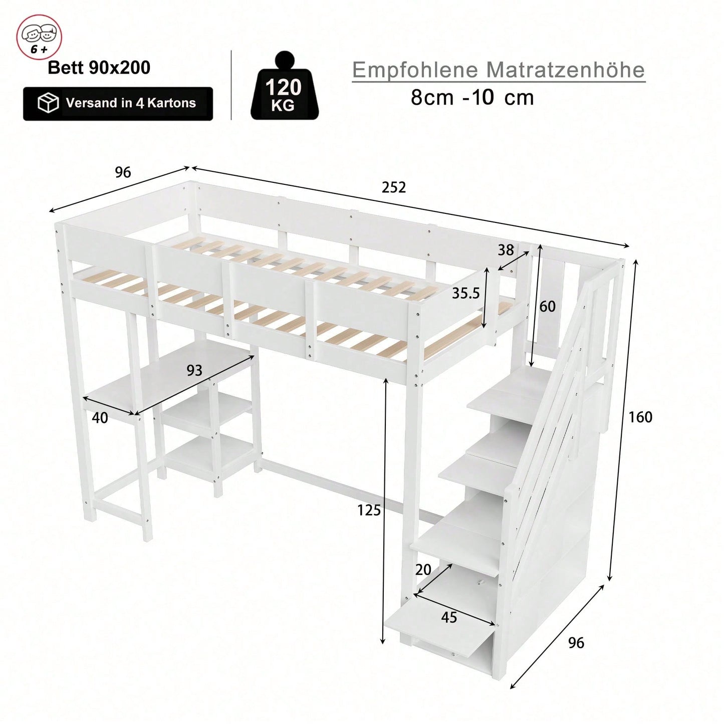 Etagenbett mit Stauraum 90x200 cm – Hochbett aus massivem Kiefernholz mit Lattenrost & Ablageflächen – Multifunktionales Kinder- und Jugendbett in Weiß (Stufenbett, Spielbett, Schlafmöbel)