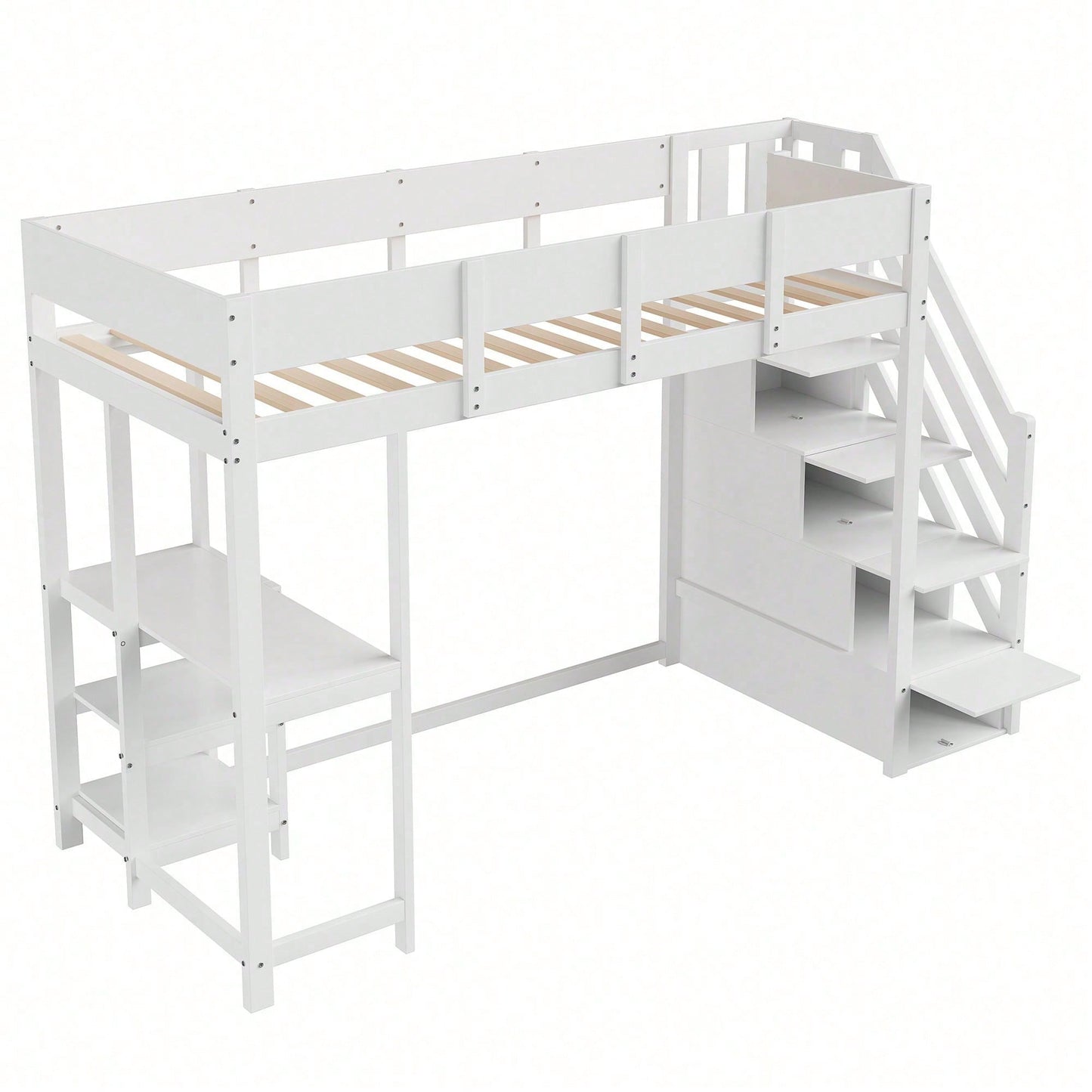 Etagenbett mit Stauraum 90x200 cm – Hochbett aus massivem Kiefernholz mit Lattenrost & Ablageflächen – Multifunktionales Kinder- und Jugendbett in Weiß (Stufenbett, Spielbett, Schlafmöbel)