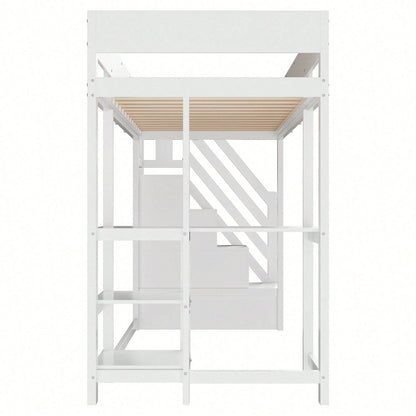 Etagenbett mit Stauraum 90x200 cm – Hochbett aus massivem Kiefernholz mit Lattenrost & Ablageflächen – Multifunktionales Kinder- und Jugendbett in Weiß (Stufenbett, Spielbett, Schlafmöbel)