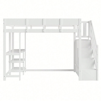 Etagenbett mit Stauraum 90x200 cm – Hochbett aus massivem Kiefernholz mit Lattenrost & Ablageflächen – Multifunktionales Kinder- und Jugendbett in Weiß (Stufenbett, Spielbett, Schlafmöbel)