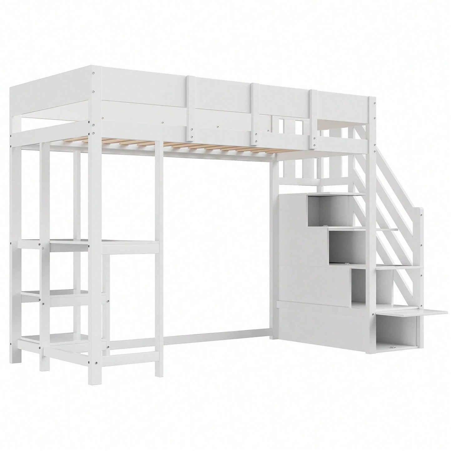 Etagenbett mit Stauraum 90x200 cm – Hochbett aus massivem Kiefernholz mit Lattenrost & Ablageflächen – Multifunktionales Kinder- und Jugendbett in Weiß (Stufenbett, Spielbett, Schlafmöbel)