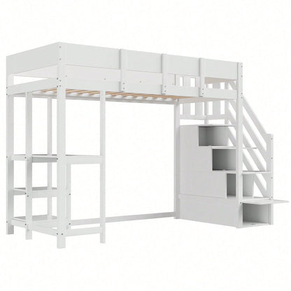 Etagenbett mit Stauraum 90x200 cm – Hochbett aus massivem Kiefernholz mit Lattenrost & Ablageflächen – Multifunktionales Kinder- und Jugendbett in Weiß (Stufenbett, Spielbett, Schlafmöbel)