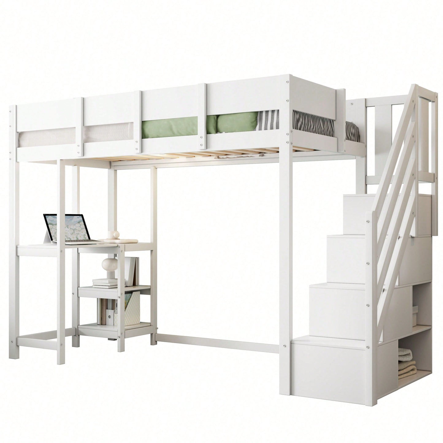 Etagenbett mit Stauraum 90x200 cm – Hochbett aus massivem Kiefernholz mit Lattenrost & Ablageflächen – Multifunktionales Kinder- und Jugendbett in Weiß (Stufenbett, Spielbett, Schlafmöbel)