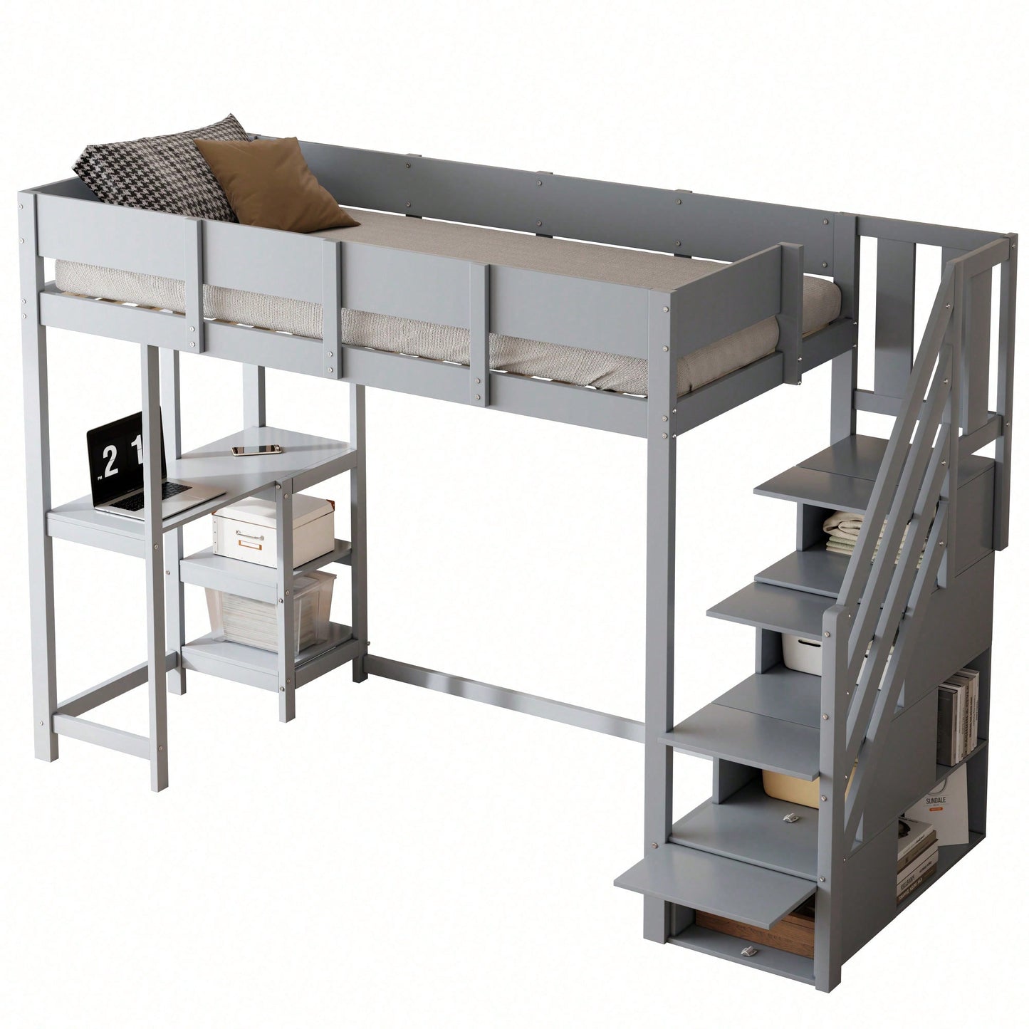 Etagenbett mit Stauraum 90x200 cm – Hochbett aus massivem Kiefernholz mit Lattenrost & Ablageflächen – Multifunktionales Kinder- und Jugendbett in Weiß (Stufenbett, Spielbett, Schlafmöbel)