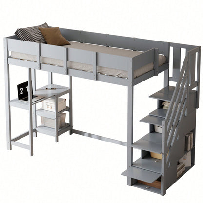 Etagenbett mit Stauraum 90x200 cm – Hochbett aus massivem Kiefernholz mit Lattenrost & Ablageflächen – Multifunktionales Kinder- und Jugendbett in Weiß (Stufenbett, Spielbett, Schlafmöbel)
