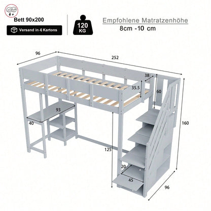 Etagenbett mit Stauraum 90x200 cm – Hochbett aus massivem Kiefernholz mit Lattenrost & Ablageflächen – Multifunktionales Kinder- und Jugendbett in Weiß (Stufenbett, Spielbett, Schlafmöbel)