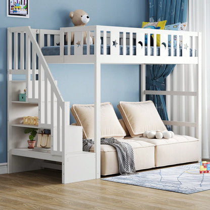 Kinderhochbett 90x200 cm mit Stauraum & Kletterleiter – Massivholz-Einzelbett mit Sicherheitsgeländer, Stern-Mond-Deko – Naturholzfarbe, langlebig & kindersicher