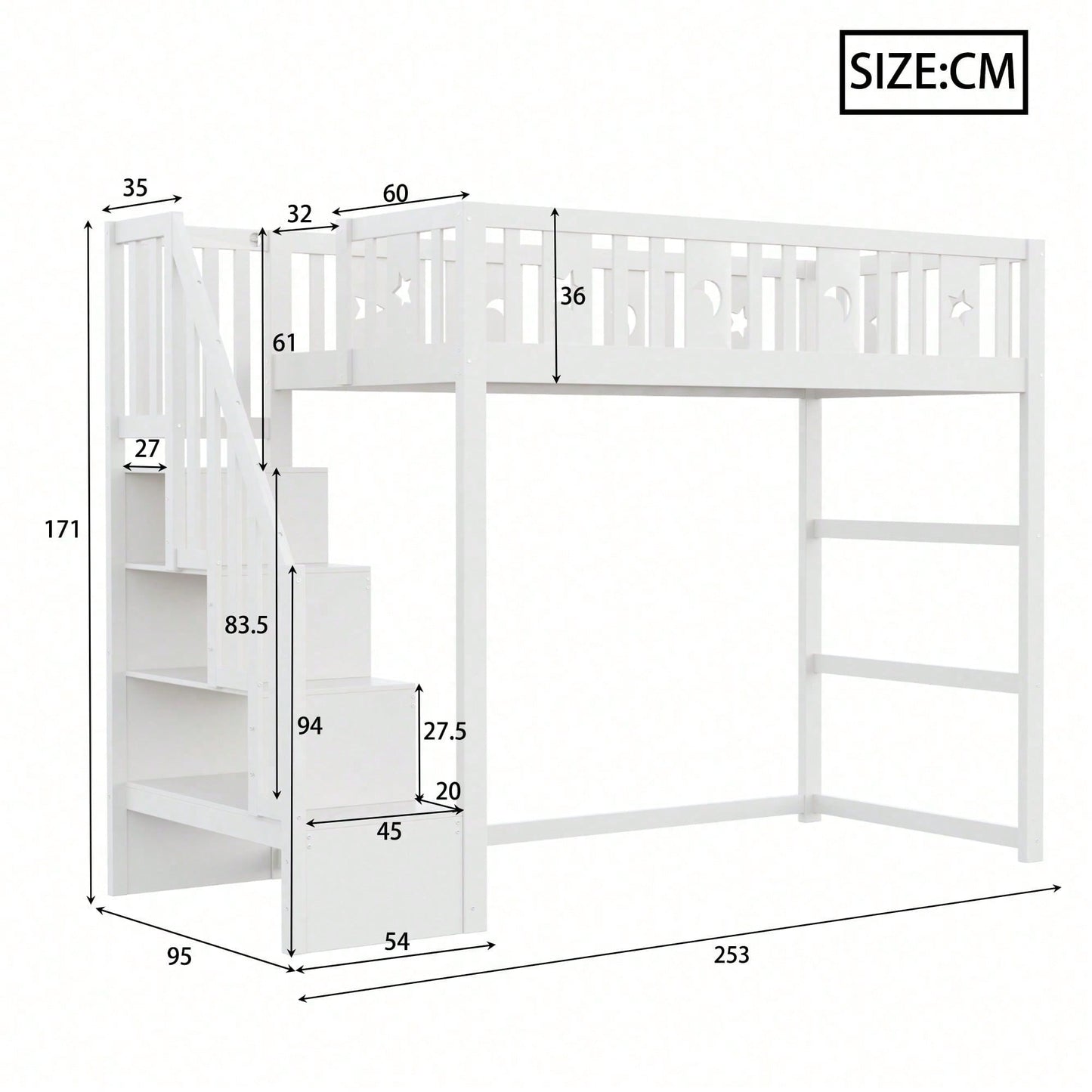 Kinderhochbett 90x200 cm mit Stauraum & Kletterleiter – Massivholz-Einzelbett mit Sicherheitsgeländer, Stern-Mond-Deko – Naturholzfarbe, langlebig & kindersicher