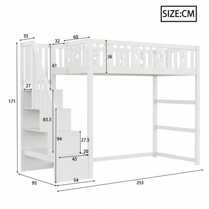 Kinderhochbett 90x200 cm mit Stauraum & Kletterleiter – Massivholz-Einzelbett mit Sicherheitsgeländer, Stern-Mond-Deko – Naturholzfarbe, langlebig & kindersicher