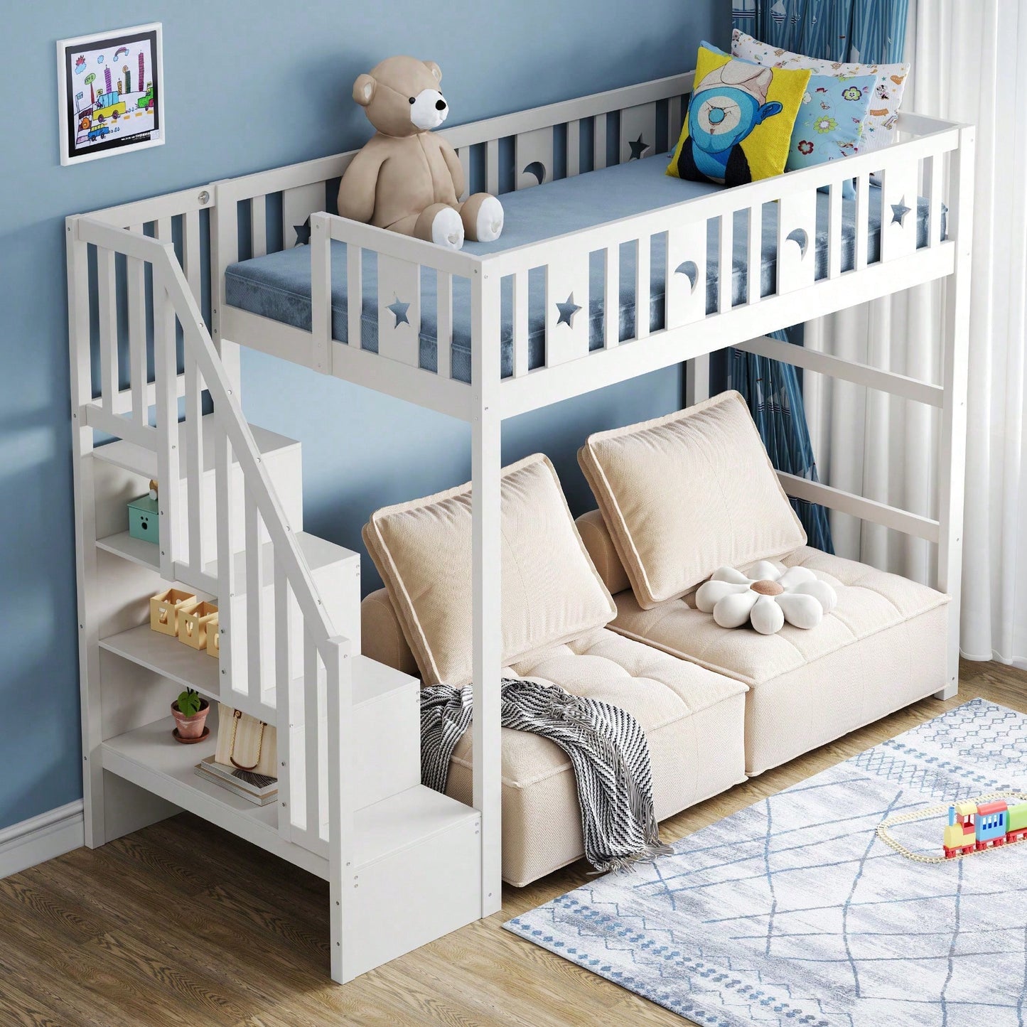 Kinderhochbett 90x200 cm mit Stauraum & Kletterleiter – Massivholz-Einzelbett mit Sicherheitsgeländer, Stern-Mond-Deko – Naturholzfarbe, langlebig & kindersicher