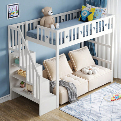 Kinderhochbett 90x200 cm mit Stauraum & Kletterleiter – Massivholz-Einzelbett mit Sicherheitsgeländer, Stern-Mond-Deko – Naturholzfarbe, langlebig & kindersicher