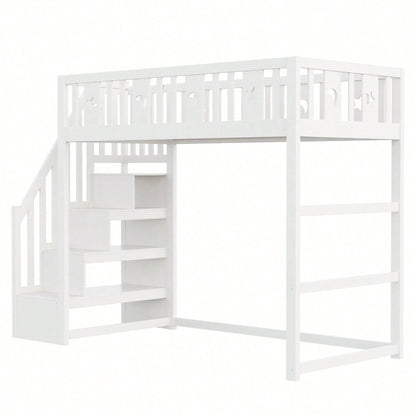 Kinderhochbett 90x200 cm mit Stauraum & Kletterleiter – Massivholz-Einzelbett mit Sicherheitsgeländer, Stern-Mond-Deko – Naturholzfarbe, langlebig & kindersicher