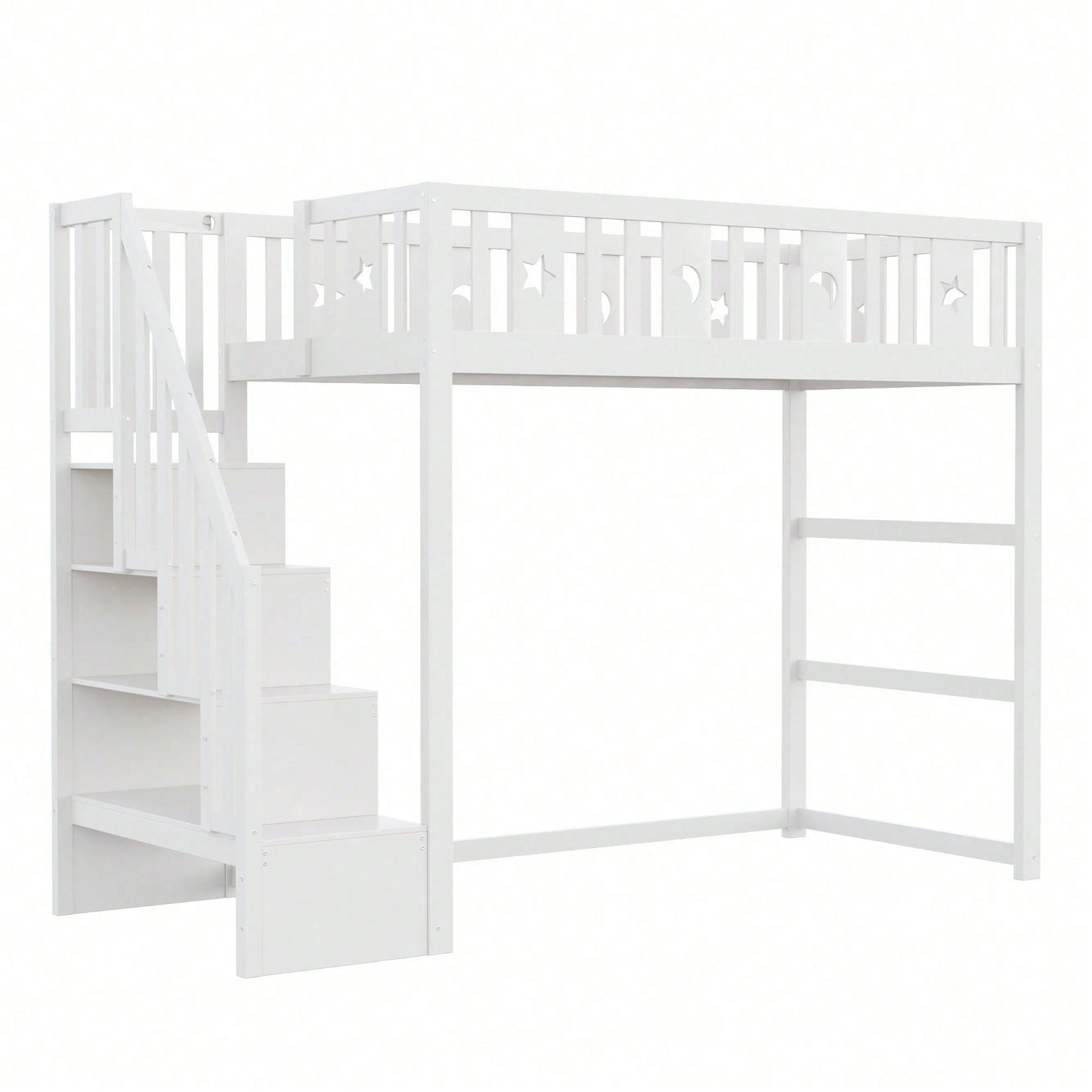 Kinderhochbett 90x200 cm mit Stauraum & Kletterleiter – Massivholz-Einzelbett mit Sicherheitsgeländer, Stern-Mond-Deko – Naturholzfarbe, langlebig & kindersicher
