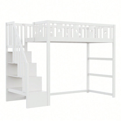 Kinderhochbett 90x200 cm mit Stauraum & Kletterleiter – Massivholz-Einzelbett mit Sicherheitsgeländer, Stern-Mond-Deko – Naturholzfarbe, langlebig & kindersicher
