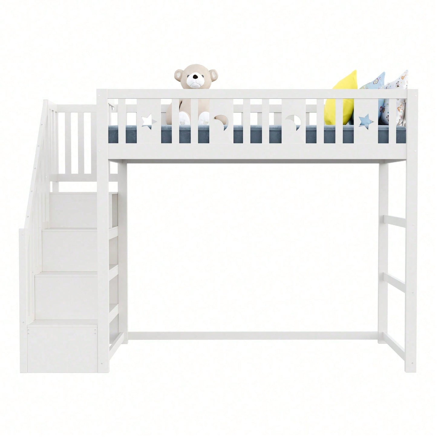 Kinderhochbett 90x200 cm mit Stauraum & Kletterleiter – Massivholz-Einzelbett mit Sicherheitsgeländer, Stern-Mond-Deko – Naturholzfarbe, langlebig & kindersicher
