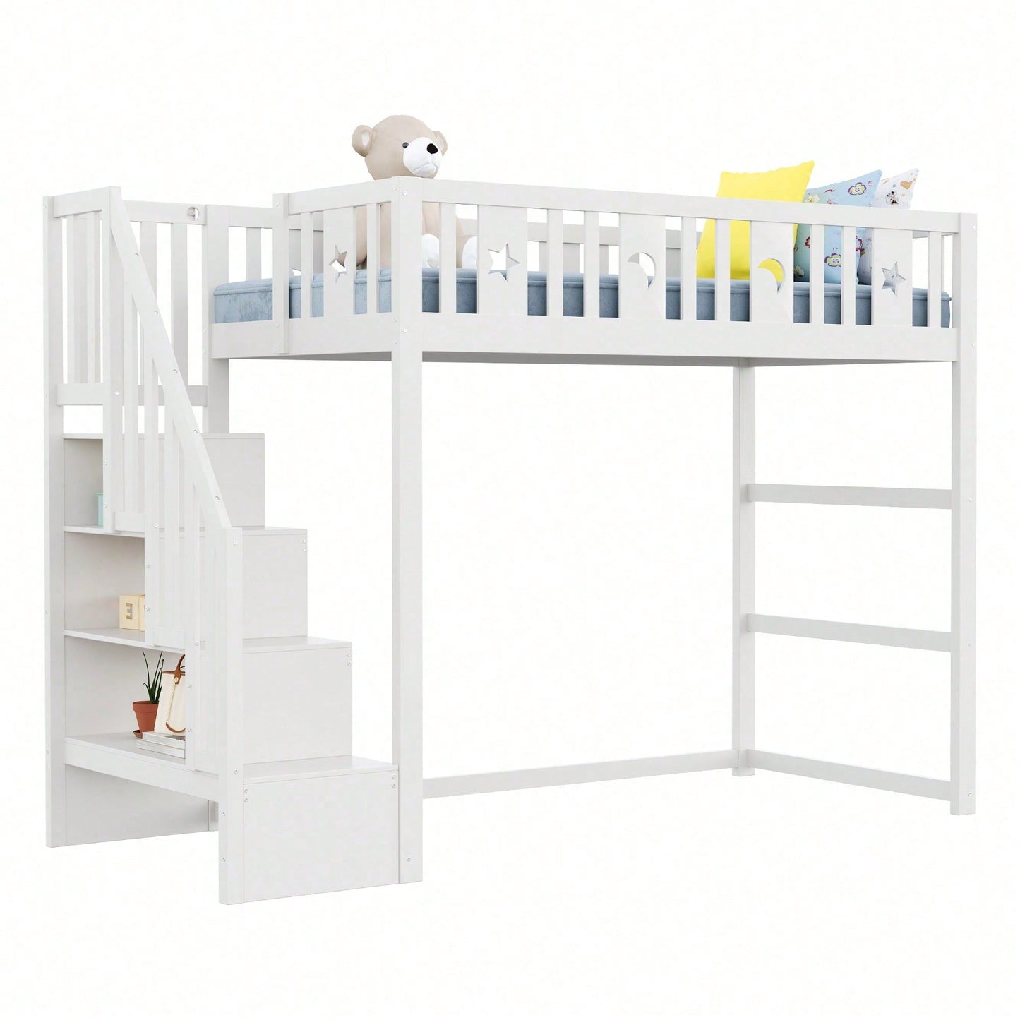Kinderhochbett 90x200 cm mit Stauraum & Kletterleiter – Massivholz-Einzelbett mit Sicherheitsgeländer, Stern-Mond-Deko – Naturholzfarbe, langlebig & kindersicher
