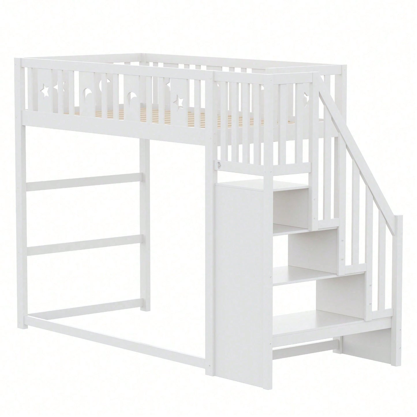 Kinderhochbett 90x200 cm mit Stauraum & Kletterleiter – Massivholz-Einzelbett mit Sicherheitsgeländer, Stern-Mond-Deko – Naturholzfarbe, langlebig & kindersicher