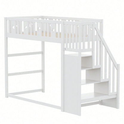 Kinderhochbett 90x200 cm mit Stauraum & Kletterleiter – Massivholz-Einzelbett mit Sicherheitsgeländer, Stern-Mond-Deko – Naturholzfarbe, langlebig & kindersicher