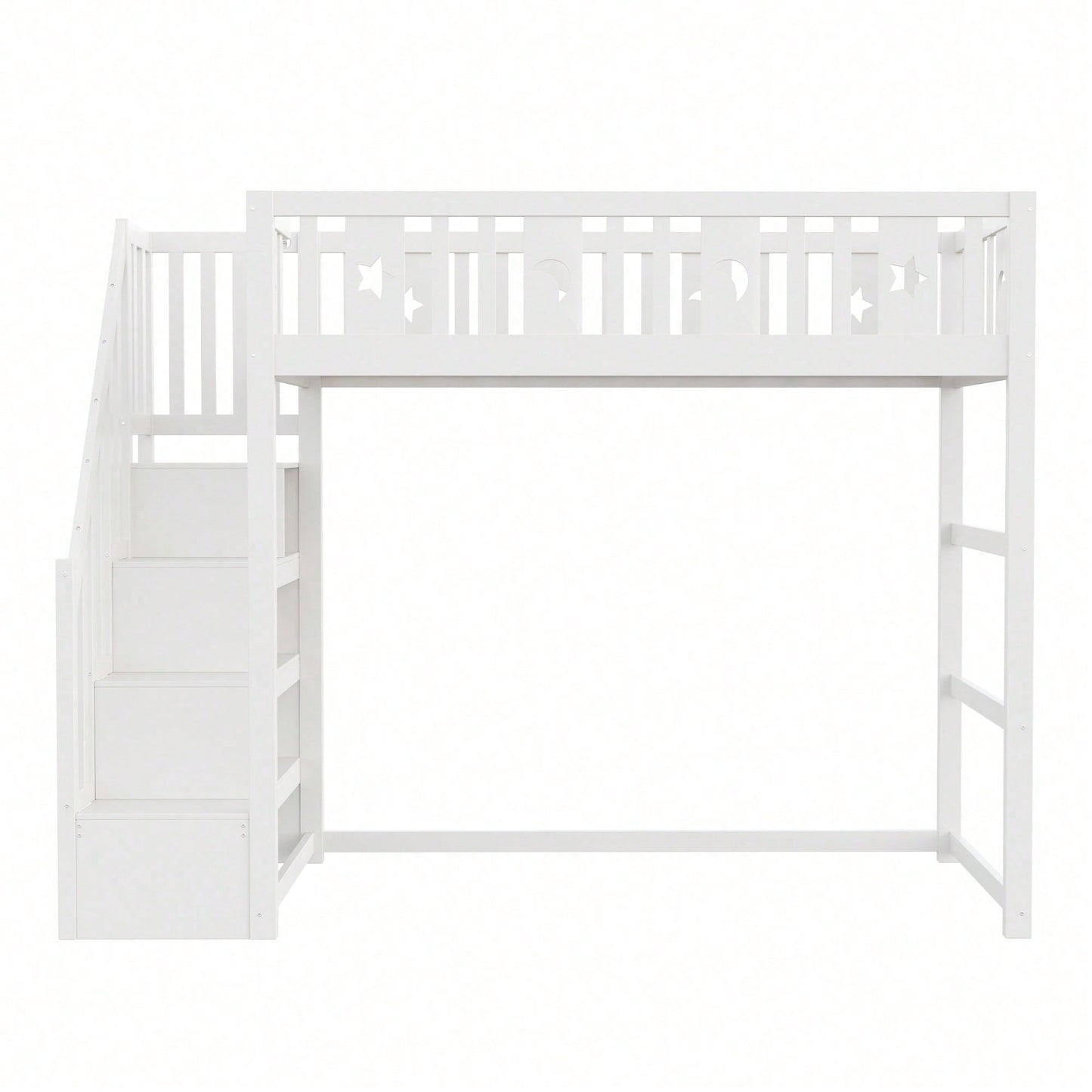 Kinderhochbett 90x200 cm mit Stauraum & Kletterleiter – Massivholz-Einzelbett mit Sicherheitsgeländer, Stern-Mond-Deko – Naturholzfarbe, langlebig & kindersicher