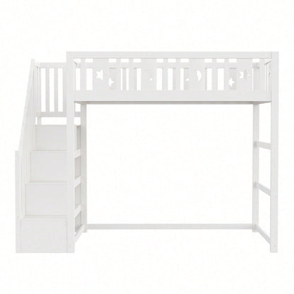Kinderhochbett 90x200 cm mit Stauraum & Kletterleiter – Massivholz-Einzelbett mit Sicherheitsgeländer, Stern-Mond-Deko – Naturholzfarbe, langlebig & kindersicher