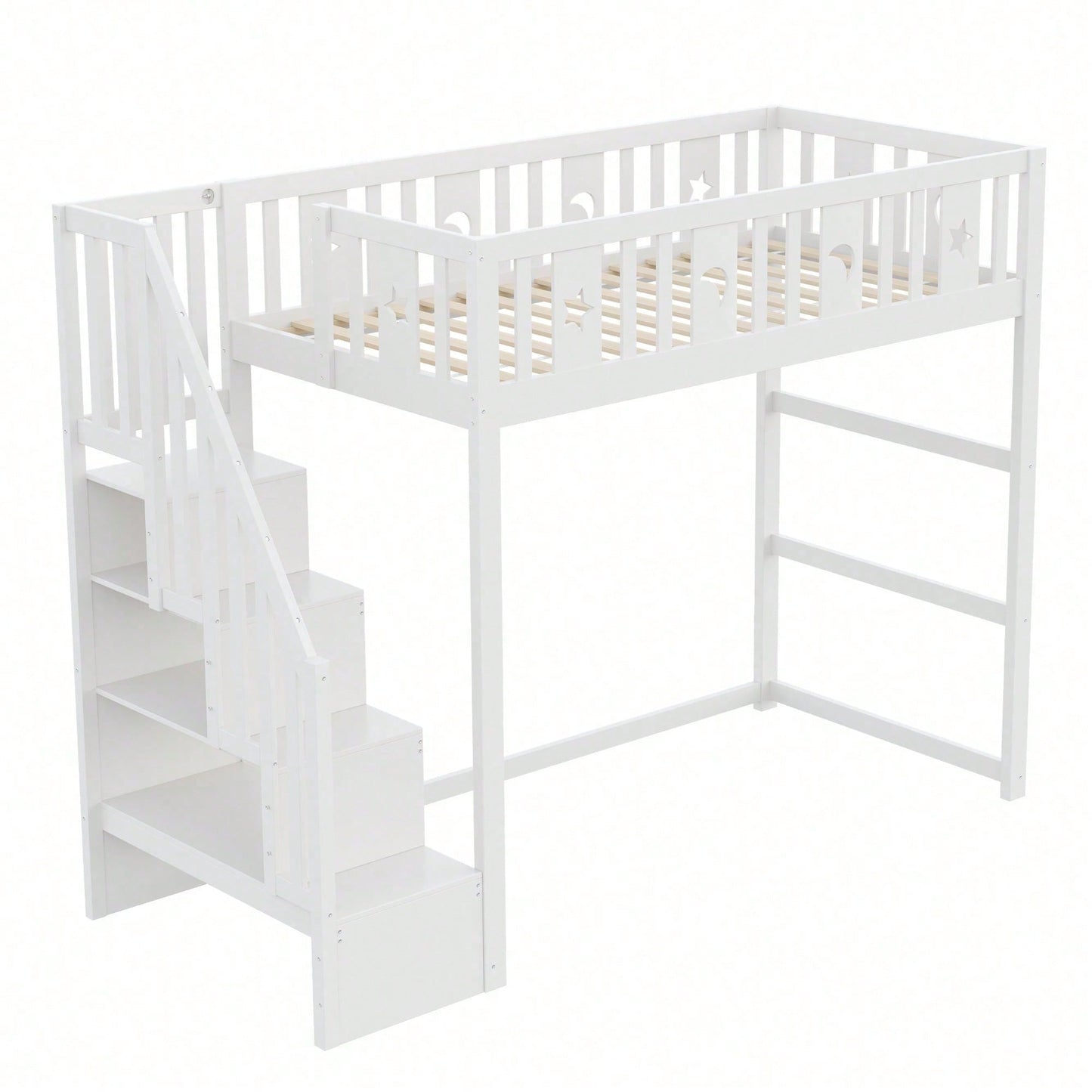 Kinderhochbett 90x200 cm mit Stauraum & Kletterleiter – Massivholz-Einzelbett mit Sicherheitsgeländer, Stern-Mond-Deko – Naturholzfarbe, langlebig & kindersicher