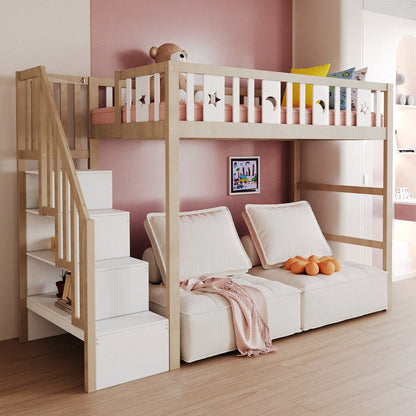 Kinderhochbett 90x200 cm mit Stauraum & Kletterleiter – Massivholz-Einzelbett mit Sicherheitsgeländer, Stern-Mond-Deko – Naturholzfarbe, langlebig & kindersicher