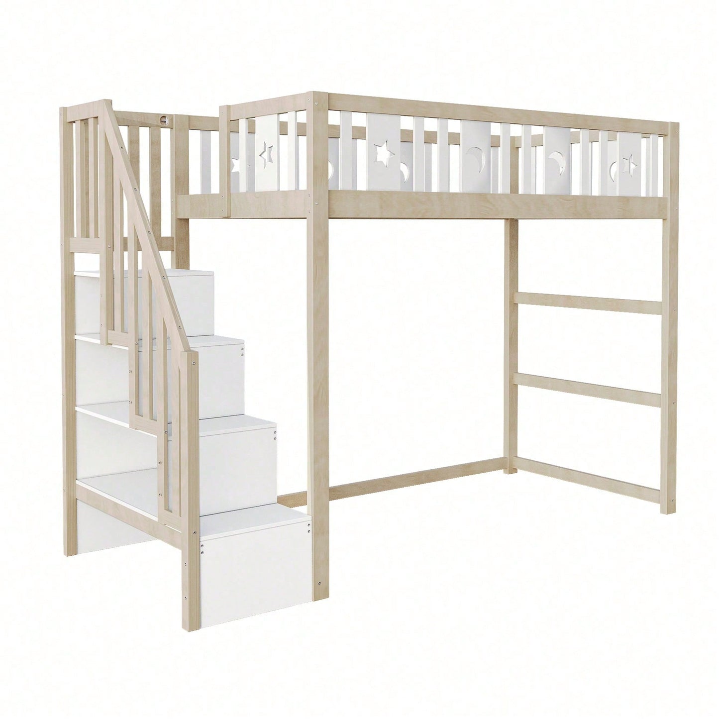 Kinderhochbett 90x200 cm mit Stauraum & Kletterleiter – Massivholz-Einzelbett mit Sicherheitsgeländer, Stern-Mond-Deko – Naturholzfarbe, langlebig & kindersicher