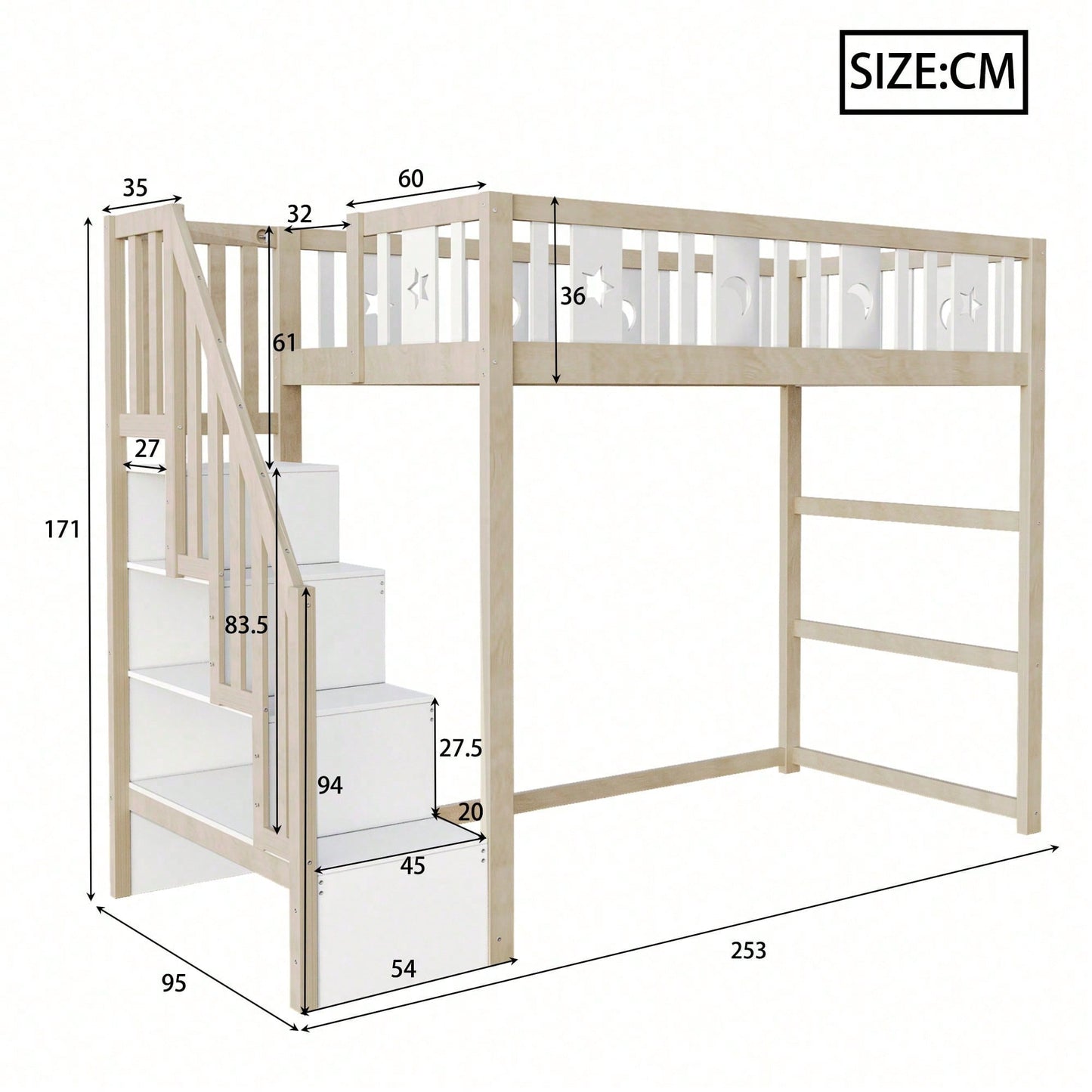 Kinderhochbett 90x200 cm mit Stauraum & Kletterleiter – Massivholz-Einzelbett mit Sicherheitsgeländer, Stern-Mond-Deko – Naturholzfarbe, langlebig & kindersicher