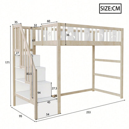 Kinderhochbett 90x200 cm mit Stauraum & Kletterleiter – Massivholz-Einzelbett mit Sicherheitsgeländer, Stern-Mond-Deko – Naturholzfarbe, langlebig & kindersicher