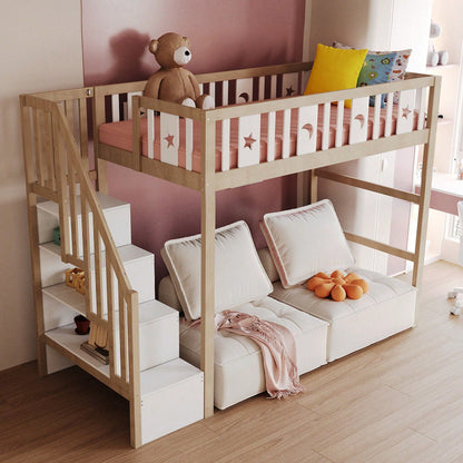 Kinderhochbett 90x200 cm mit Stauraum & Kletterleiter – Massivholz-Einzelbett mit Sicherheitsgeländer, Stern-Mond-Deko – Naturholzfarbe, langlebig & kindersicher