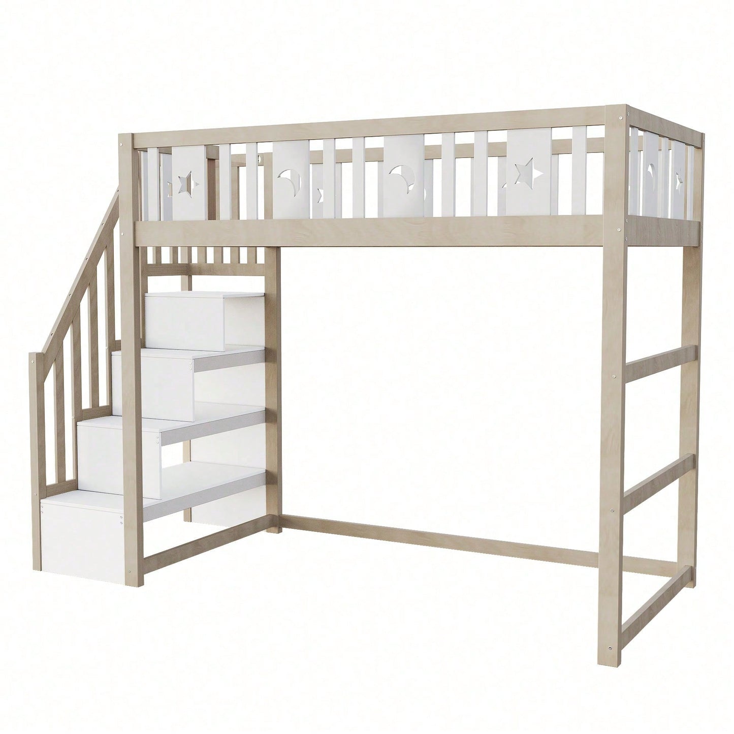 Kinderhochbett 90x200 cm mit Stauraum & Kletterleiter – Massivholz-Einzelbett mit Sicherheitsgeländer, Stern-Mond-Deko – Naturholzfarbe, langlebig & kindersicher