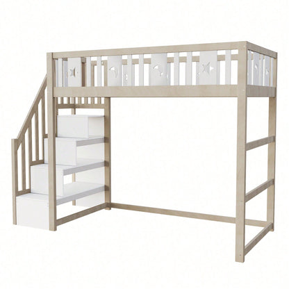 Kinderhochbett 90x200 cm mit Stauraum & Kletterleiter – Massivholz-Einzelbett mit Sicherheitsgeländer, Stern-Mond-Deko – Naturholzfarbe, langlebig & kindersicher