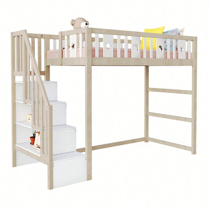 Kinderhochbett 90x200 cm mit Stauraum & Kletterleiter – Massivholz-Einzelbett mit Sicherheitsgeländer, Stern-Mond-Deko – Naturholzfarbe, langlebig & kindersicher