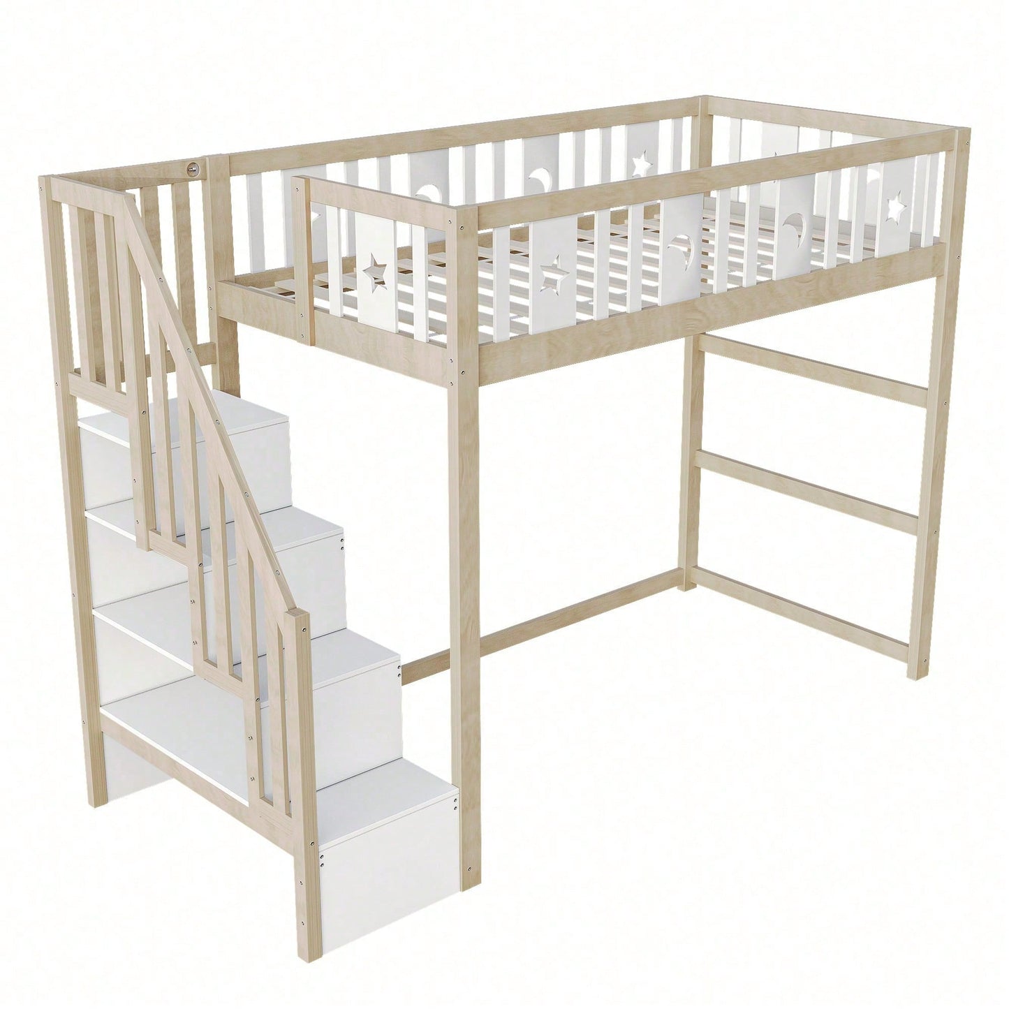 Kinderhochbett 90x200 cm mit Stauraum & Kletterleiter – Massivholz-Einzelbett mit Sicherheitsgeländer, Stern-Mond-Deko – Naturholzfarbe, langlebig & kindersicher