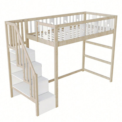 Kinderhochbett 90x200 cm mit Stauraum & Kletterleiter – Massivholz-Einzelbett mit Sicherheitsgeländer, Stern-Mond-Deko – Naturholzfarbe, langlebig & kindersicher
