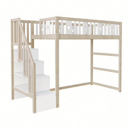 Kinderhochbett 90x200 cm mit Stauraum & Kletterleiter – Massivholz-Einzelbett mit Sicherheitsgeländer, Stern-Mond-Deko – Naturholzfarbe, langlebig & kindersicher