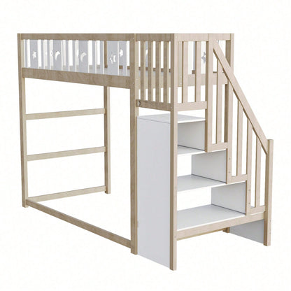Kinderhochbett 90x200 cm mit Stauraum & Kletterleiter – Massivholz-Einzelbett mit Sicherheitsgeländer, Stern-Mond-Deko – Naturholzfarbe, langlebig & kindersicher