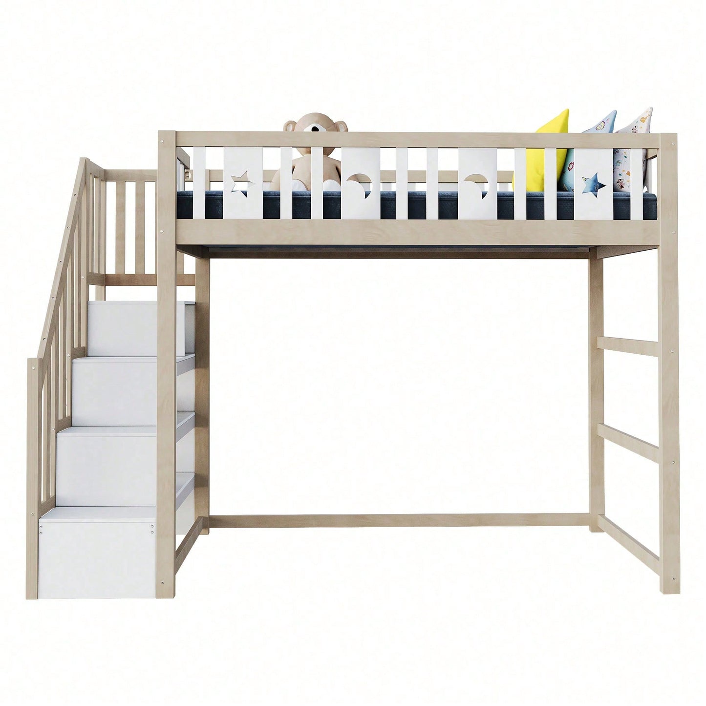 Kinderhochbett 90x200 cm mit Stauraum & Kletterleiter – Massivholz-Einzelbett mit Sicherheitsgeländer, Stern-Mond-Deko – Naturholzfarbe, langlebig & kindersicher