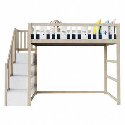 Kinderhochbett 90x200 cm mit Stauraum & Kletterleiter – Massivholz-Einzelbett mit Sicherheitsgeländer, Stern-Mond-Deko – Naturholzfarbe, langlebig & kindersicher
