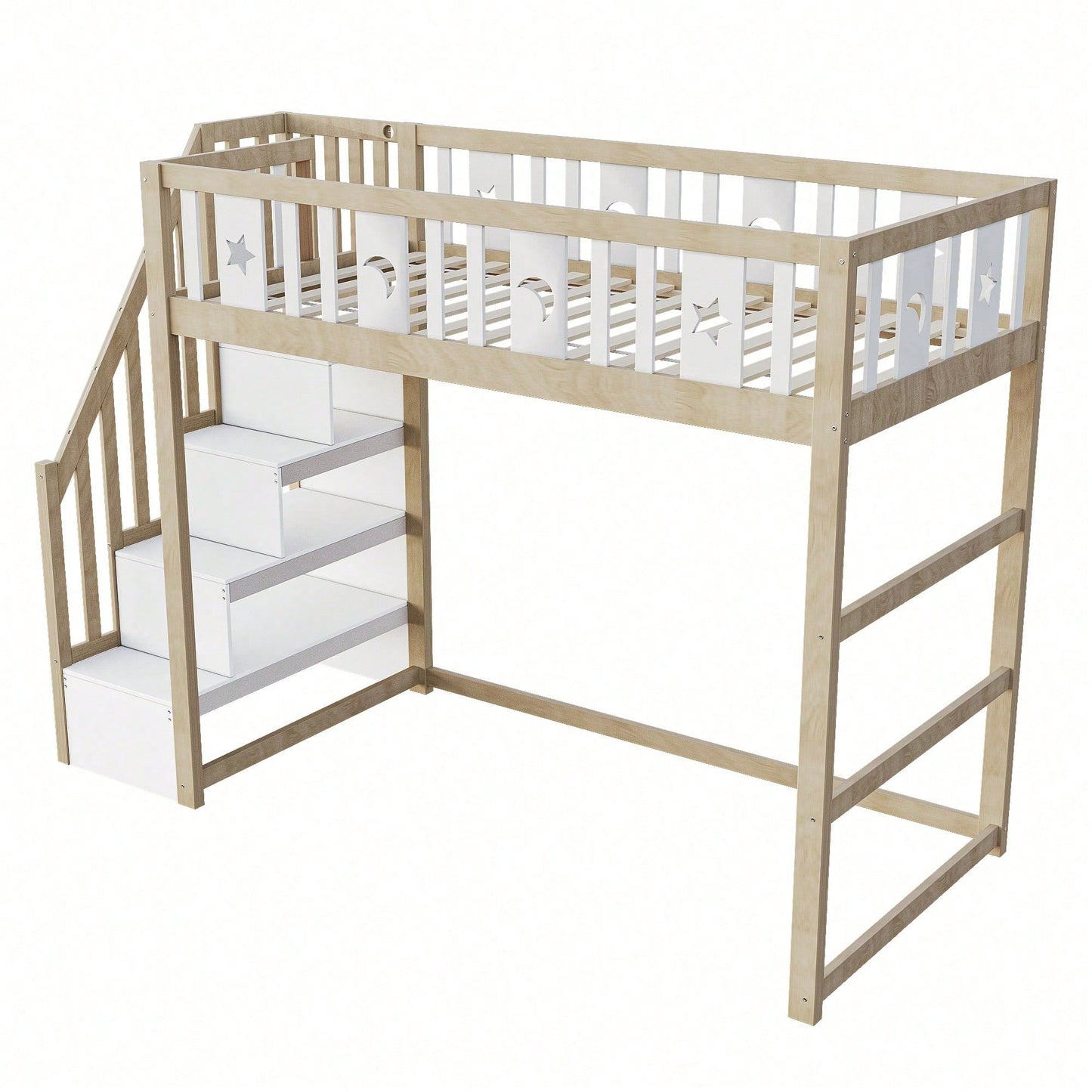 Kinderhochbett 90x200 cm mit Stauraum & Kletterleiter – Massivholz-Einzelbett mit Sicherheitsgeländer, Stern-Mond-Deko – Naturholzfarbe, langlebig & kindersicher
