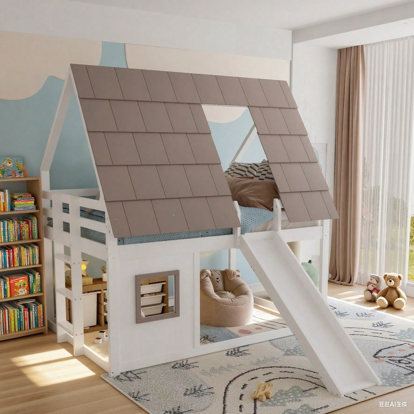 140x200cm Holzhaus-Etagenbett mit Dach – Rutsche & Leiter in Weiß/Braun | Spielbett mit Stauraum & Dachgiebel